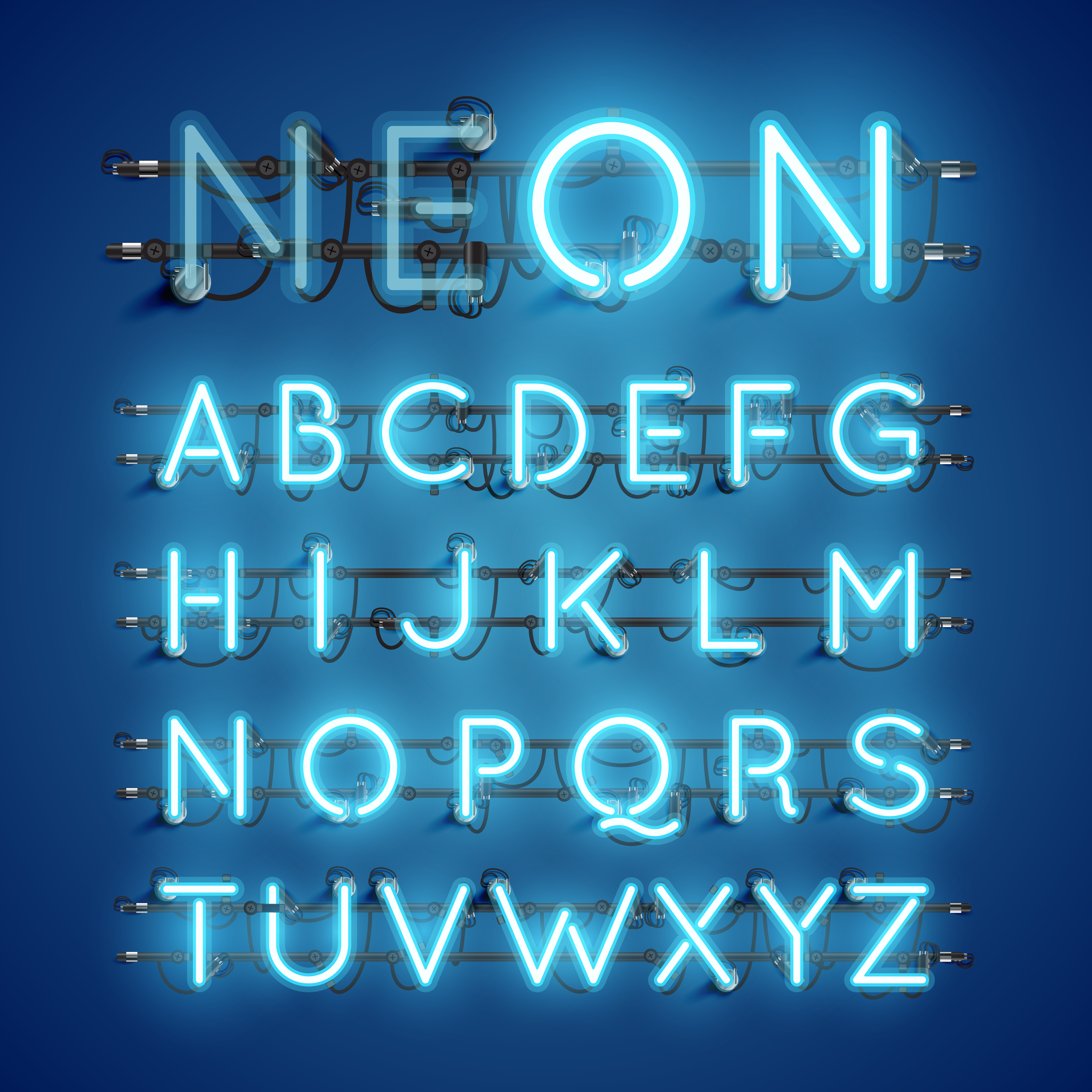 Realistic neon font with wires and console, vector