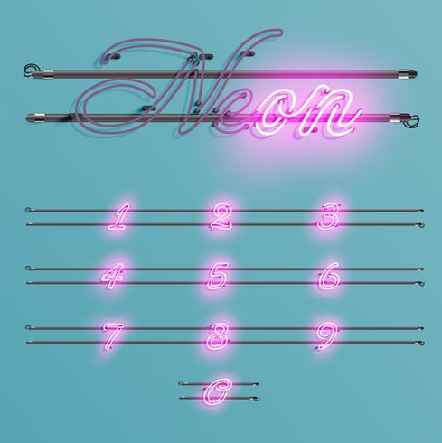 Realistic neon font with wires and console, vector illustration