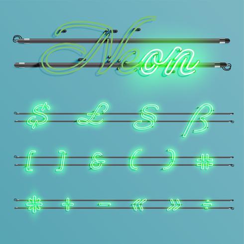 Realistic neon font with wires and console, vector illustration