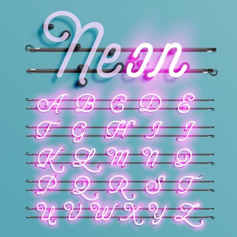 Realistic neon font with wires and console, vector illustration