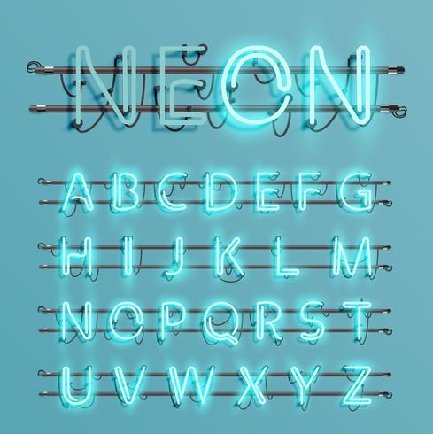 Realistic neon font with wires and console, vector illustration
