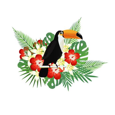 Fondo tropical con tucán, flores y hojas tropicales. vector