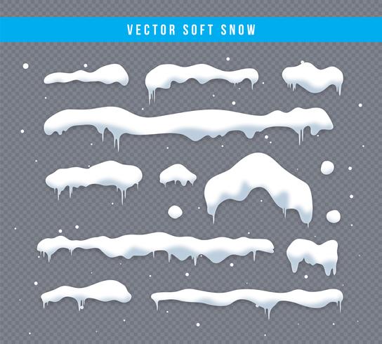 Snow caps, snowballs and snowdrifts set. Snow cap vector collection. Winter decoration element. Snowy elements on winter background. Cartoon template. Snowfall and snowflakes in motion. Illustration.