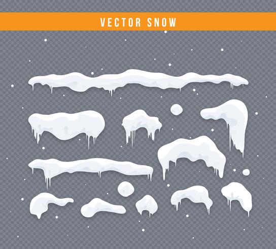 Snow caps, snowballs and snowdrifts set. Snow cap vector collection. Winter decoration element. Snowy elements on winter background. Cartoon template. Snowfall and snowflakes in motion. Illustration.