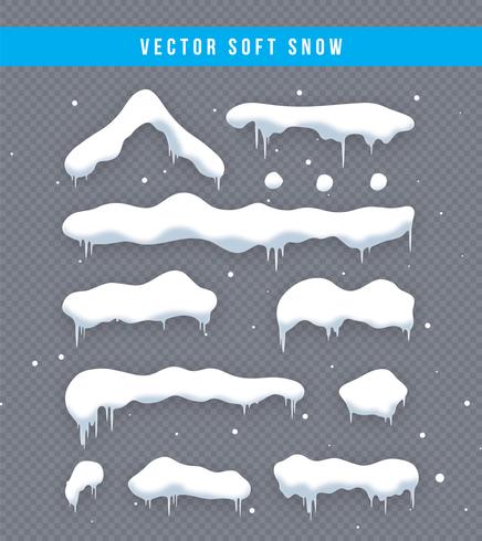 Snow caps, snowballs and snowdrifts set. Snow cap vector collection. Winter decoration element. Snowy elements on winter background. Cartoon template. Snowfall and snowflakes in motion. Illustration.