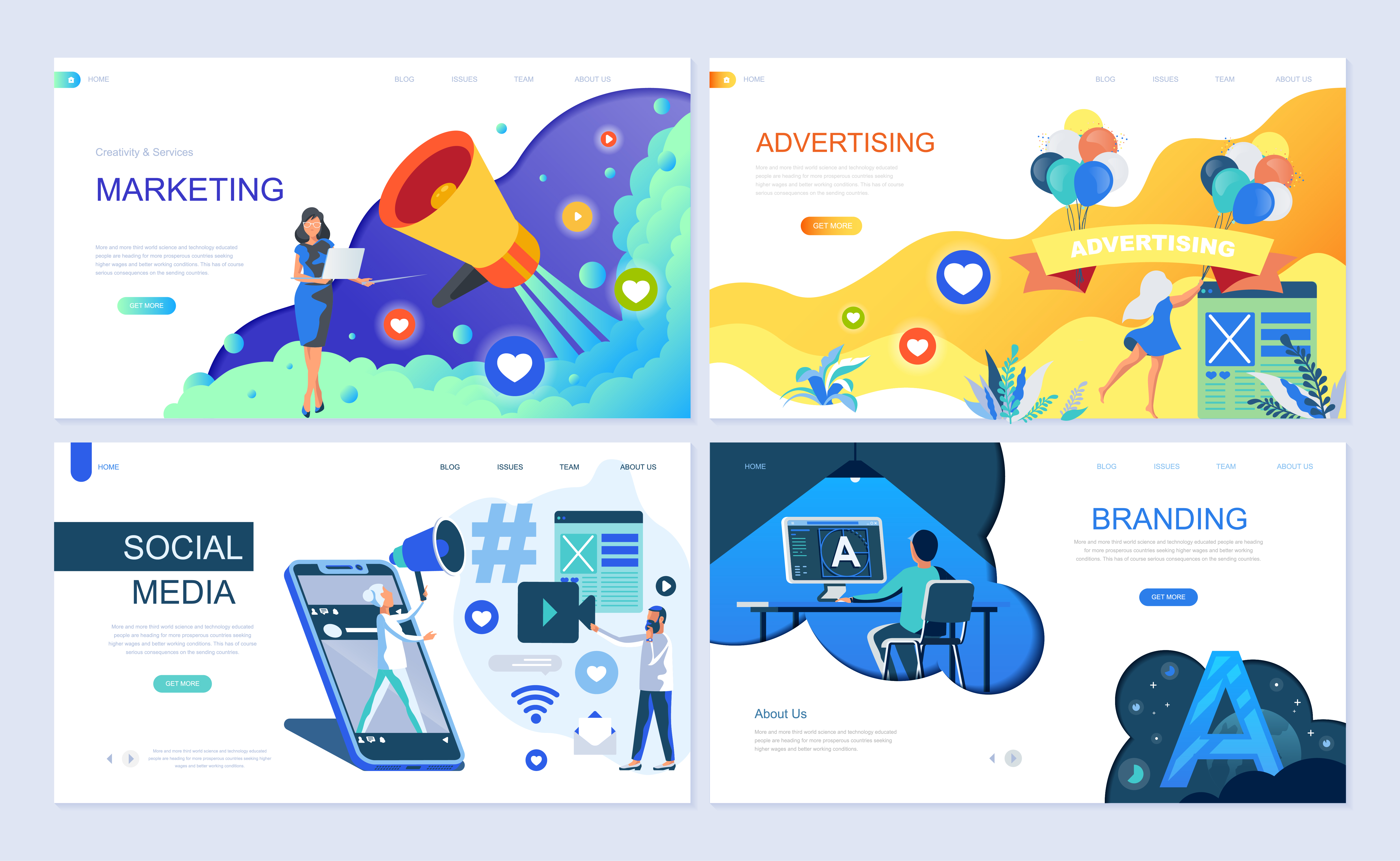 Set of landing page template for Digital Marketing, Advertising, Social