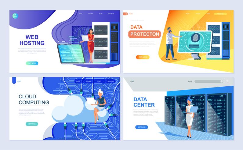 Set of landing page template for Hosting, Data Protection, Data Center, Cloud Computing vector
