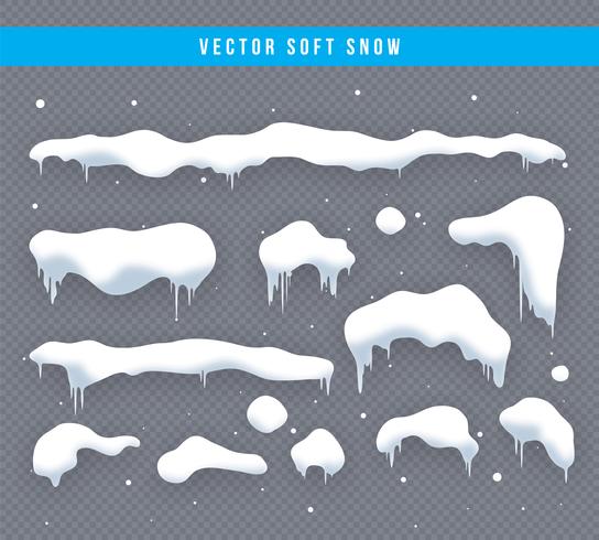 Snow caps, snowballs and snowdrifts set. Snow cap vector collection. Winter decoration element. Snowy elements on winter background. Cartoon template. Snowfall and snowflakes in motion. Illustration.