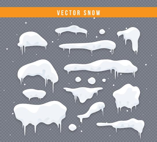 Snow caps, snowballs and snowdrifts set. Snow cap vector collection. Winter decoration element. Snowy elements on winter background. Cartoon template. Snowfall and snowflakes in motion. Illustration.