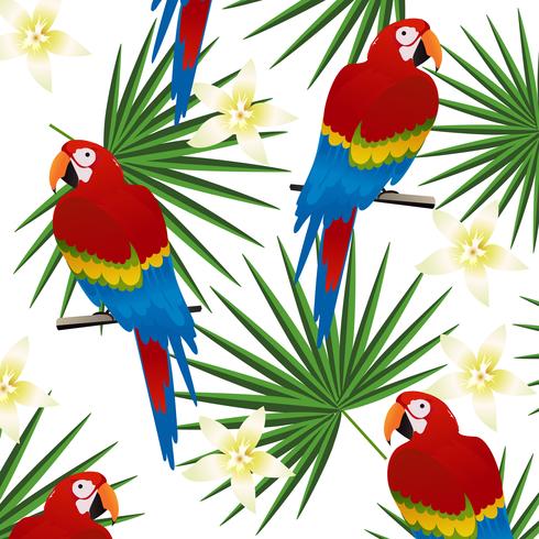 Tropical seamless pattern background with parrots and tropical leaves vector