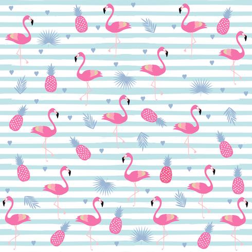 Flamingos with pineapples and tropical leaves on stripes seamless pattern background vector