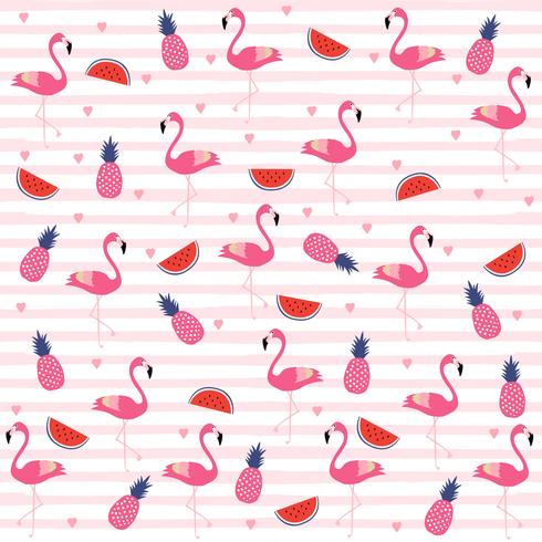 Flamingos with pineapples and watermelons on stripes seamless pattern background vector