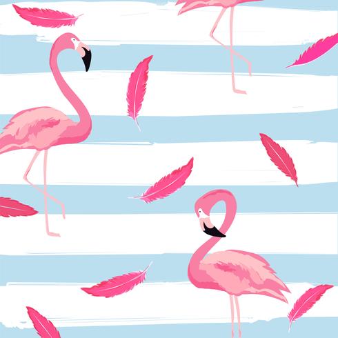 Flamingo and pink feathers with stripes seamless pattern background vector