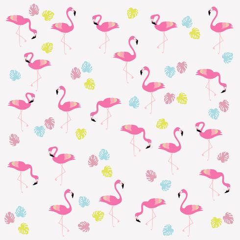 Flamingos with monstera leaves seamless pattern background. Tropical poster design vector