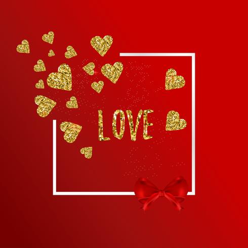 Gold glittering hearts pattern on red background vector