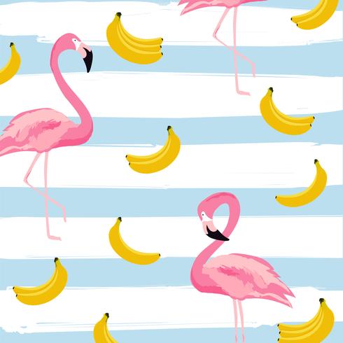 Flamingo and bananas with stripes seamless pattern background. Tropical poster design vector