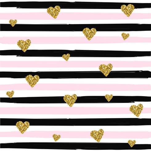 Gold glittering heart seamless pattern on striped background vector illustration