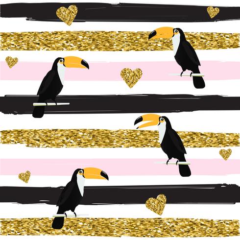 Gold glittering hearts and toucans seamless pattern on striped background vector illustration