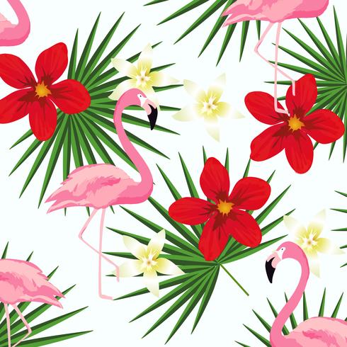 Flamingo and tropic leaves on stripes seamless pattern background vector