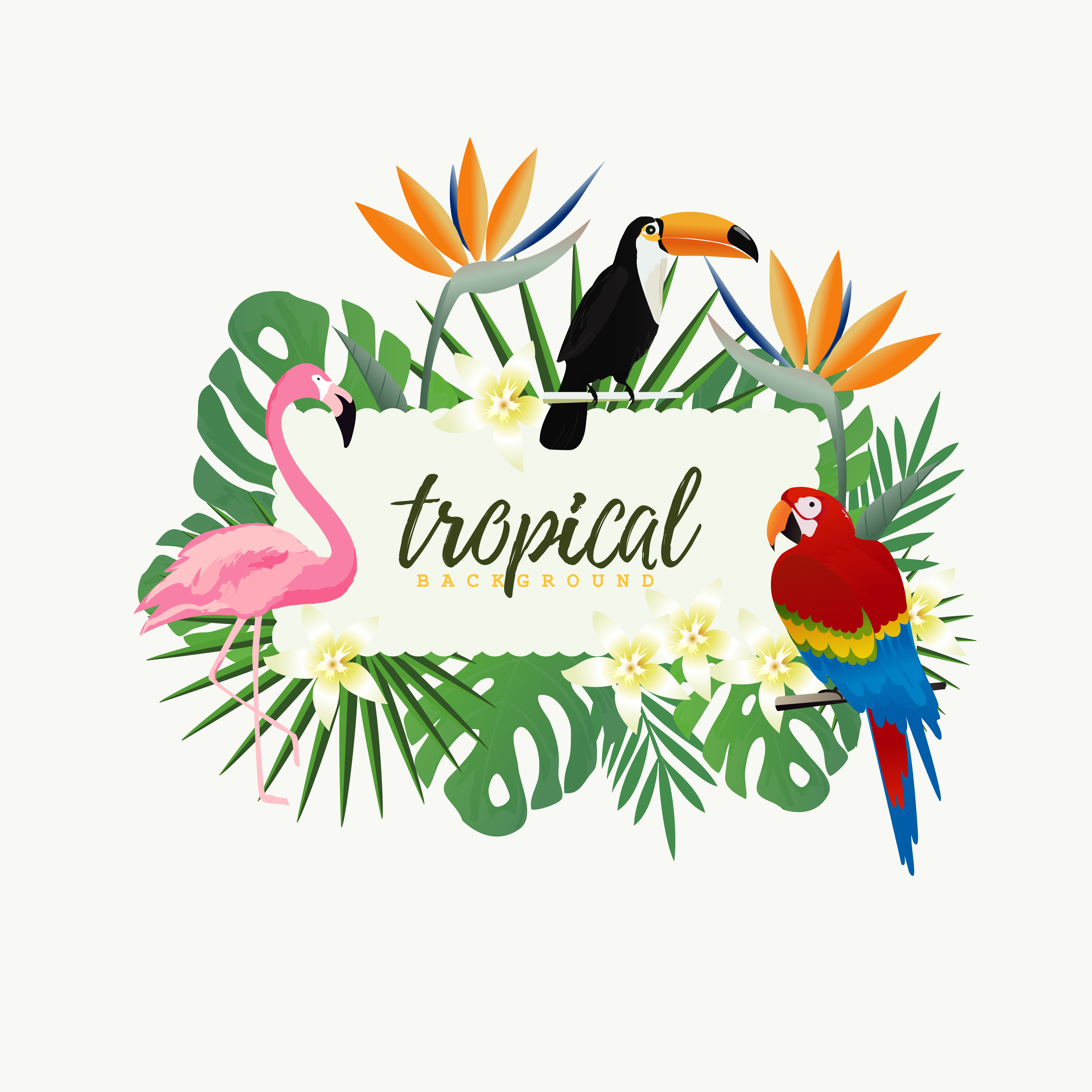 Tropical banner frame with parrot, toucan, flamingo and tropical leaves