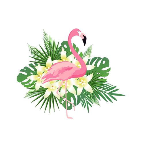 Tropical background with flamingo, flowers and tropical leaves vector
