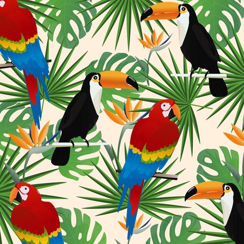 Tropical seamless pattern background with parrots, toucans and tropical leaves vector