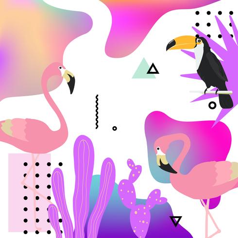 Trendy fluid background with flamingo, toucan and tropical leaves vector