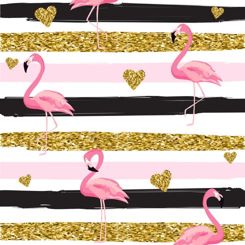 Gold glittering hearts and flamingos seamless pattern on striped background vector illustration