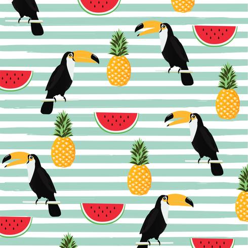 Pineapple, watermelon and toucan with stripes seamless pattern background vector