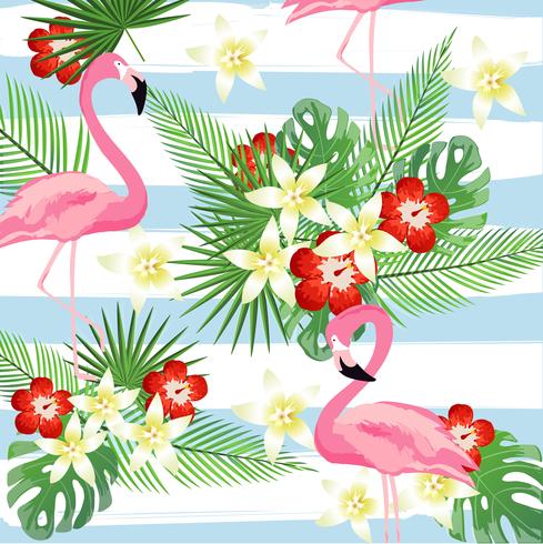 Flamingo and tropic leaves on stripes seamless pattern background vector