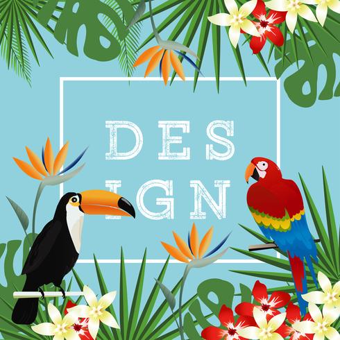 Tropical background with toucan, flamingo and tropical leaves vector