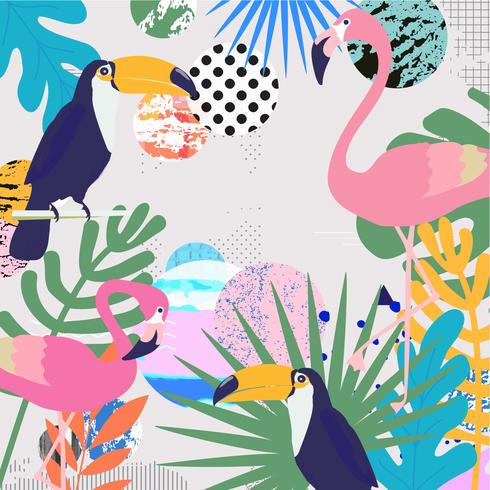 Tropical jungle leaves background with flamingos and toucans vector