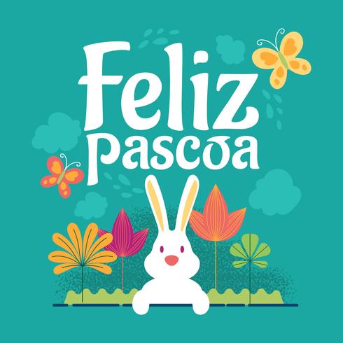 Feliz Pascua o fondo tipográfico Feliz Pascoa con conejo y flores vector