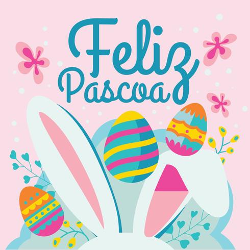 Cute Feliz Pascoa Greeting card with Ear Easter Rabbit vector
