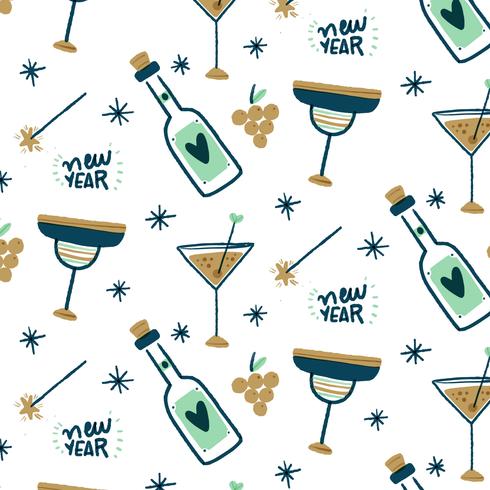 Pattern Happy New Year with Champagne, Cups And Sparklers vector