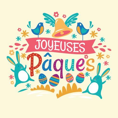 Felices Pascuas o Joyeuses Pâques fondo tipográfico con conejo y flores vector