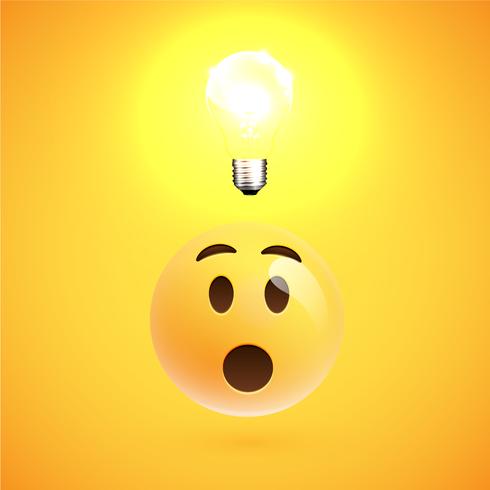 Realistic wondering yellow emoticon with a ligtbulb, vector illustration