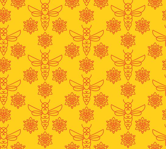 Patrón sin fisuras con las abejas de color naranja en el estilo monoline. vector