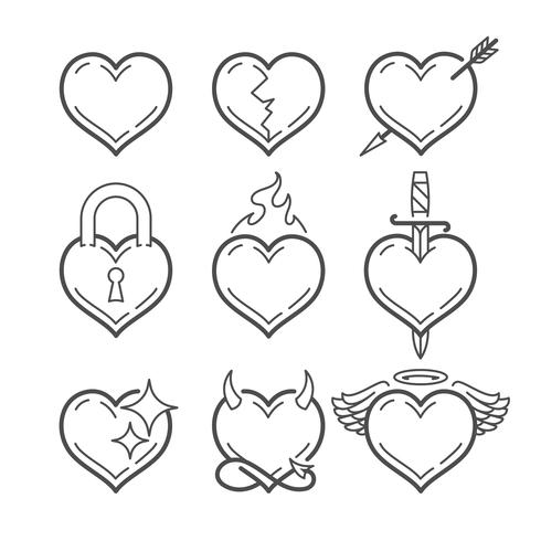 Set of line art vector hearts