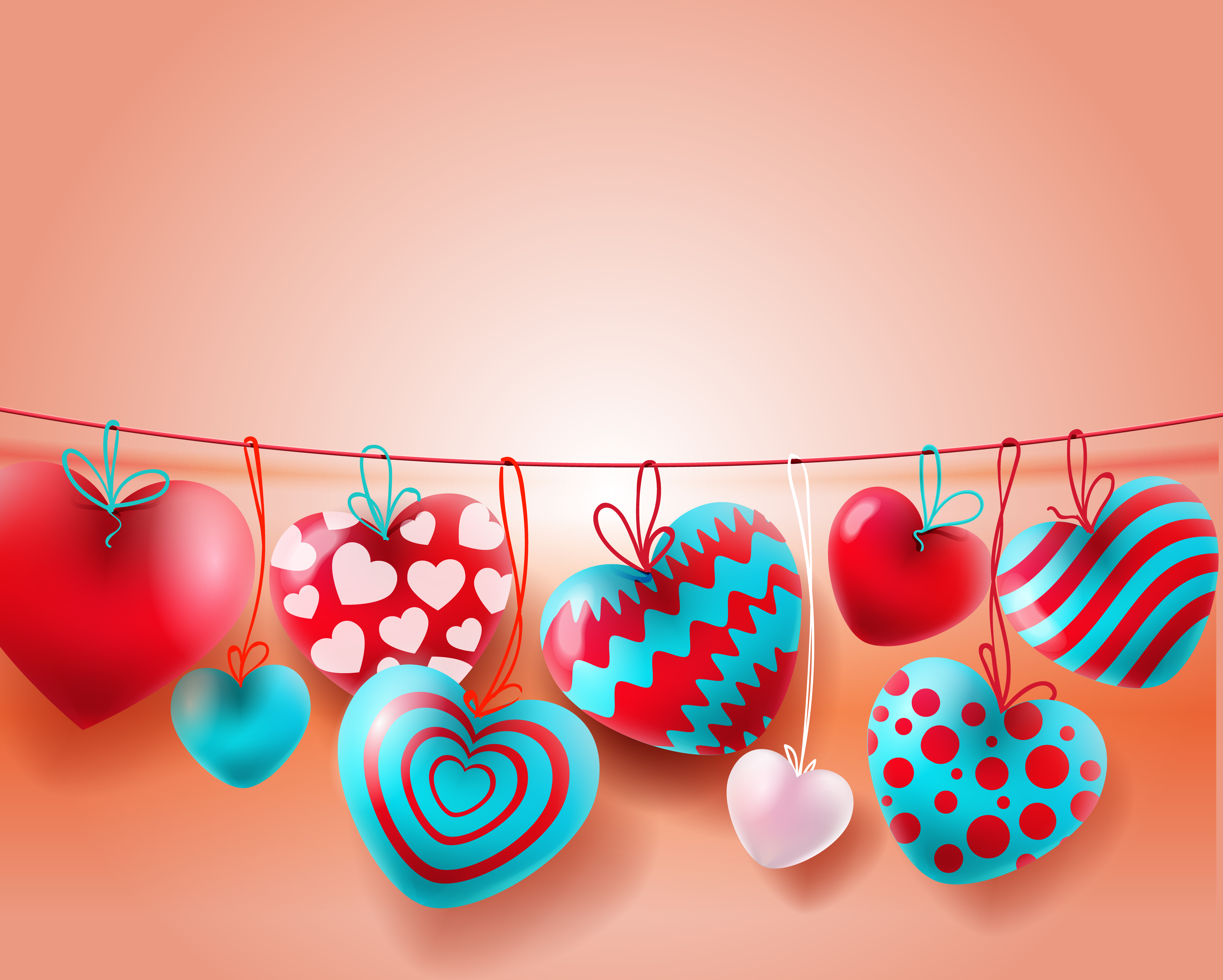 Valentines day background with red blue, white balloons 3d hearts