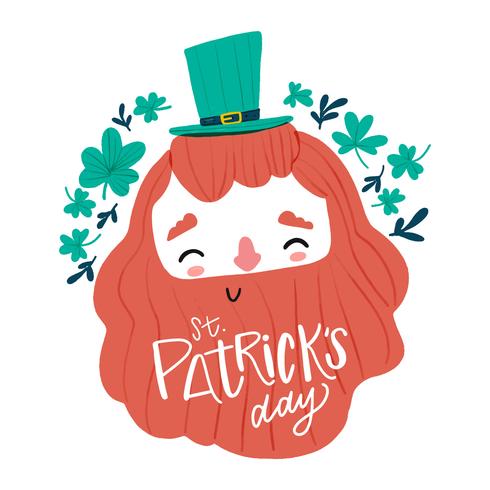 Cute Irish Man With Long Beard Smiling, Clovers Around And Lettering vector