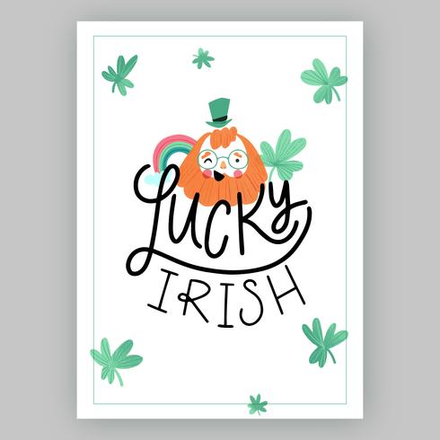 Cute St. Patrick's Day With Irish Character, Clovers, Rainbow And Lettering vector