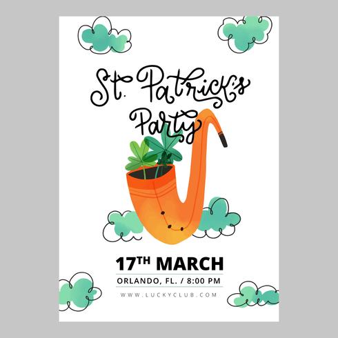 Cute Flyer St. Patricks Day With Pipe With Clovers Inside, Clouds And Lettering vector