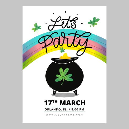 St. Patrick's Day Flyer With Rainbow, Irish Pot, Clovers And Lettering vector