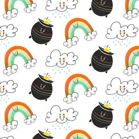 Cute Irish Pattern With Cloud, Irish Pot And Rainbow Character vector