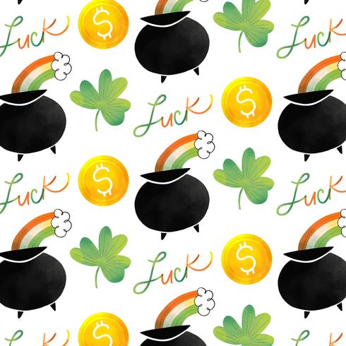 Cute Irish Pattern With Irish Pot, Rainbow, Coin And Clover vector