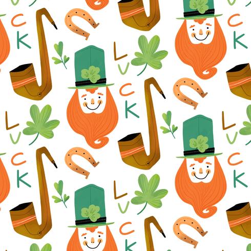 Cute Irish Pattern With Irish Elf, Pipe, Clover, Horseshoe And Lettering vector