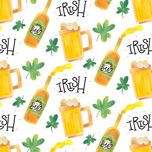 Cute Irish Pattern With Beer, Mug, Clover And Lettering vector