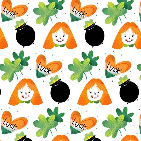 Cute IrishPattern with Black Pot With Ginger Girl, Clover, Heart And Irish Pot vector