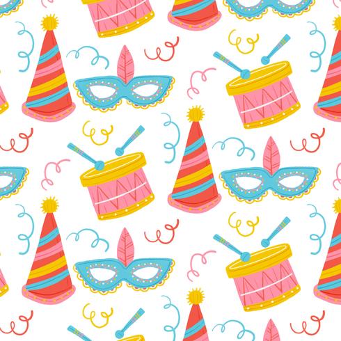 Cute Carnival Pattern With Drum, Mask And Hat  vector